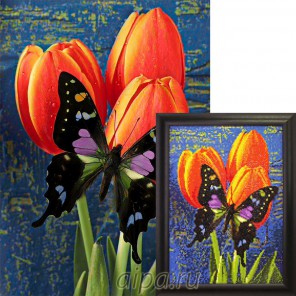 Крупно Бабочка на тюльпанах Алмазная вышивка мозаика Гранни
