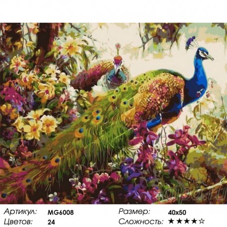 Сложность и количество цветов Павлины цветущем лесу Раскраска картина по номерам акриловыми красками на холсте Menglei MG6008