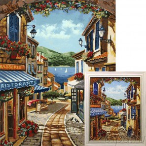 Курортная улочка Алмазная вышивка мозаика Гранни с примером готовой работы в рамке