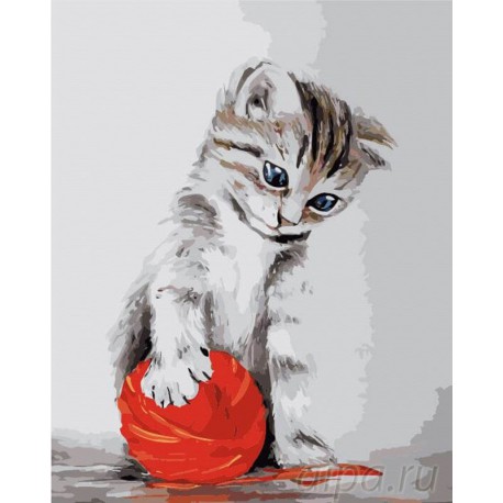 Котенок с красным клубком Раскраска картина по номерам на холсте Menglei