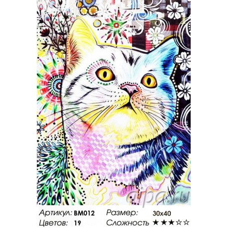 Сложность и количество цветов Кот в стиле Арт Раскраска - открытка по номерам с декором Color Kit BM012