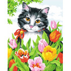 Котенок в тюльпанах Раскраска картина по номерам акриловыми красками на холсте Menglei