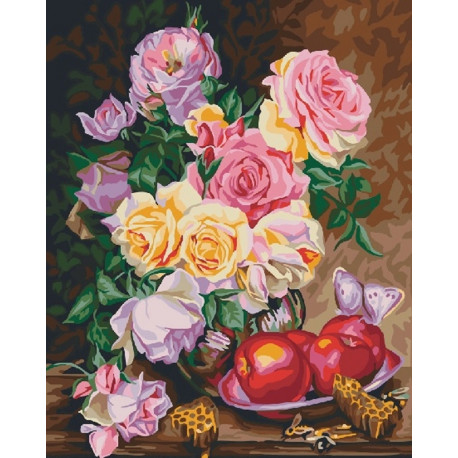  Натюрморт с яблоками и розами Раскраска картина по номерам на холсте CG914