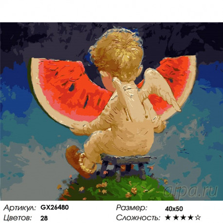 Количество цветов и сложность Ангелочек с арбузом Раскраска картина по номерам на холсте GX26480