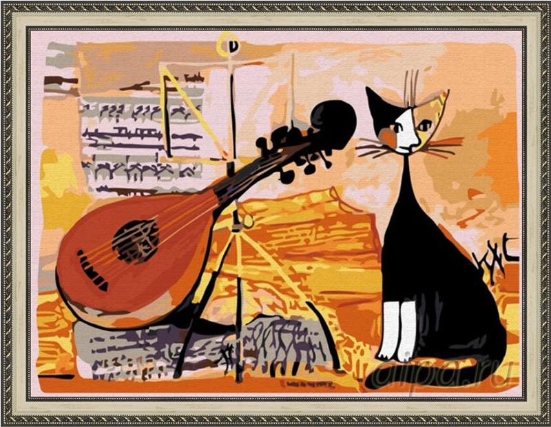 Раскраска по номерам Музыкальный кот в рамке N143 Коричневые переплетения на бежевом